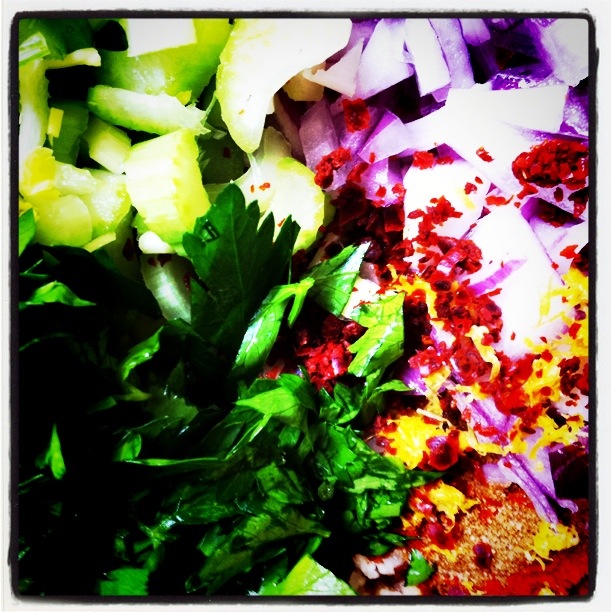 Chopped celery, maydanoz (parsley), purple onion and pressed garlic with lemon zest and pul biber