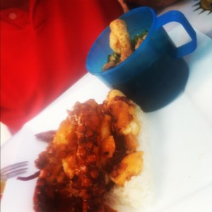 BBQ'd octopus with black beans and rice at Los Aguaschiles Restaurant in Tulum Pueblo, Mexico (Image by Liz Cameron)