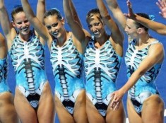 Safiye Rakkase was the sole vote for use of the skeleton swimsuits for the synchronized swimming dance performed by the little chorus of dancing ladies - she's always on the edge of the latest fashionista trend, along with Lady GaGa herself...